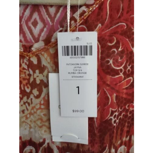 New Chico's  Sz 1 Medium Beaded Banded Waist Top Blouse Sheer Orange Print Red - Picture 3 of 4